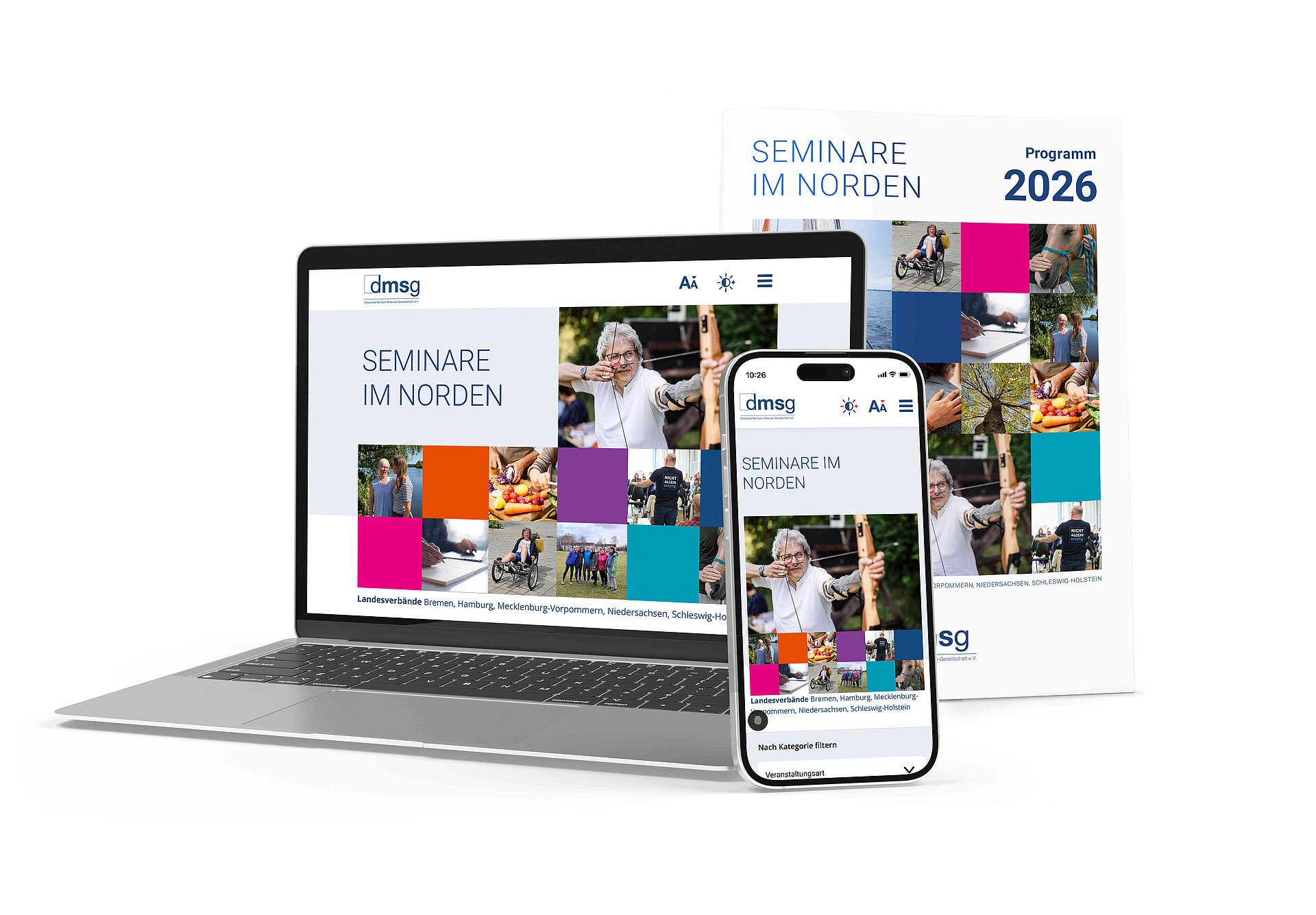 Ein Mock-up mit einem Motiv, das aus verschiedenen Bildern besteht, auf einem Smartphone- und Laptopscreen sowie auf dem Cover einer Broschüre.