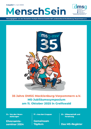 Zeichnung mit einiger Gruppe von Menschen, davon einer im Rollstuhl, mit einer Fahne mit der Aufschrift "35 Jahre DMSG MV". 