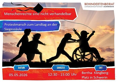 Silhouette von vier jungen Menschen, ein Mensch schiebt einen anderen Menschen im Rollstuhl. .  